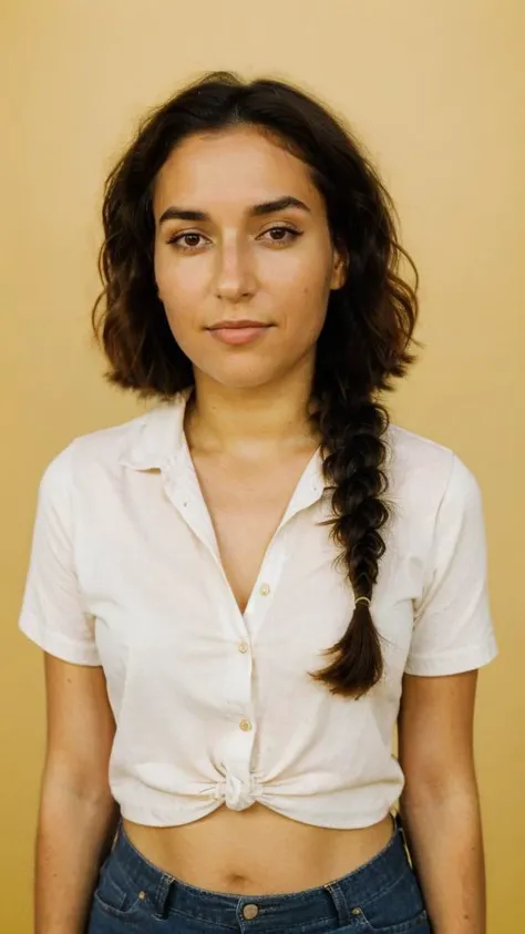 a close up of a woman with a braid in her hair