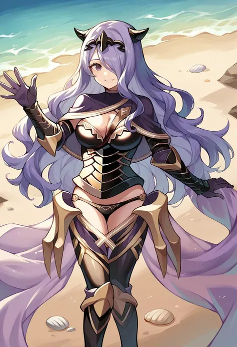 score_9, score_8_up, source_anime,  <lora:camilla-pdxl-nvwls-v1:1>, defCm, hair over one eye, black tiara,purple capelet, black armor, cleavage, gauntlets, gloves, armored legwear, black panties, pelvic curtain, see-through, sea, beach, smile, waving