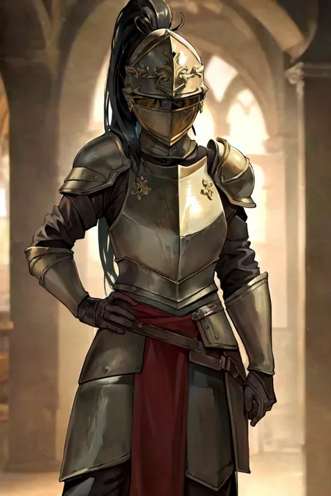 (masterpiece, best quality, high quality, highres:1.4), detailed, extremely detailed, ambient soft lighting, 4K, 1girl, (mature female, milf:1.2), (long hair, black hair, long ponytail:1.3), (helmet, armor:1.2), (hand on hip:1.1), dark fantasy <lora:milfWe...