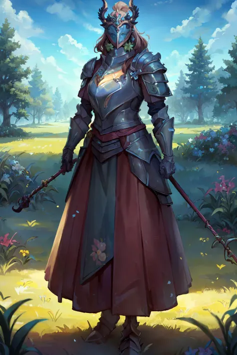 (masterpiece, best quality, high quality, highres:1.4), detailed, extremely detailed, ambient soft lighting, 4K, 1girl, (mature female, milf:1.2), (helmet, armor, cloak:1.2) dark fantasy, outdoor, sunny day, sky, cloud, flowers, grass, trees, fairytaleai <...