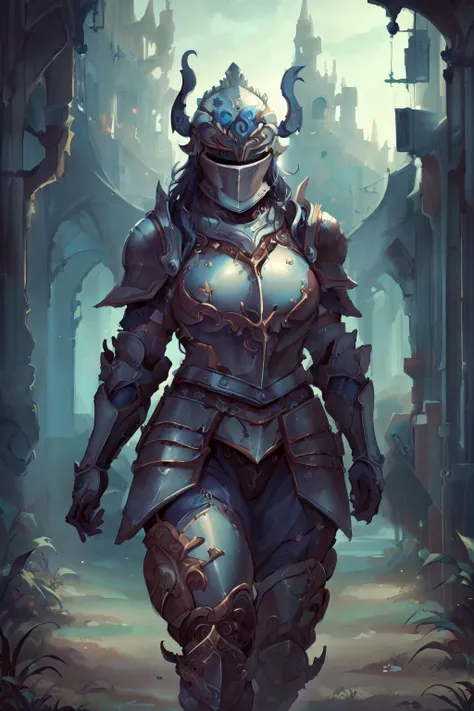 a woman in armor walking through a dark alley