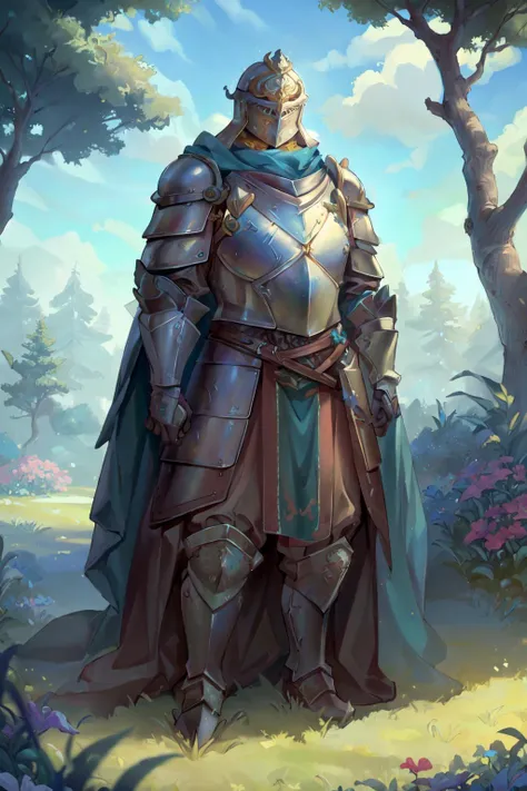 (masterpiece, best quality, high quality, highres:1.4), detailed, extremely detailed, ambient soft lighting, 4K, 1girl, (mature female, milf:1.2), (helmet, armor, cloak:1.2) dark fantasy, outdoor, sunny day, sky, cloud, flowers, grass, trees, fairytaleai <...