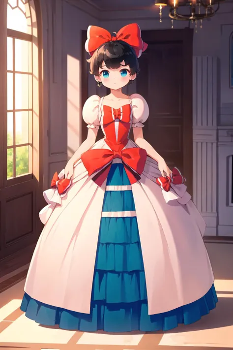 best quality, ultra-detailed, (1girl, solo, <lora:sapphire-princess-form-v1:1>, sapphireprincessform, withoutwig, short hair, hair bow, dress, puffy short sleeves, standing), In a luxurious and noble room