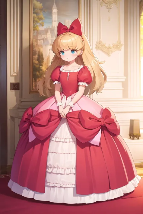 best quality, ultra-detailed, (1girl, solo, <lora:sapphire-princess-form-v1:1>, sapphireprincessform, withwig, long flaxen hair, hair bow, dress, puffy short sleeves, standing), In a luxurious and noble room