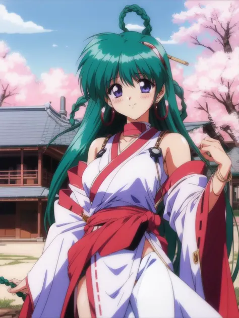 <lora:swatty:0.8>, ãswatty, 1girl, soro, long_hair, blue_eyes, green_hair, floating_hair, hair_rings, earrings,  jewelry,  braid, purple_eyes, medium_breasts,  cleavage, cowboy Shot, smile, blush,
japanese white clothes, miko, red hakama, shrine, cherry ...