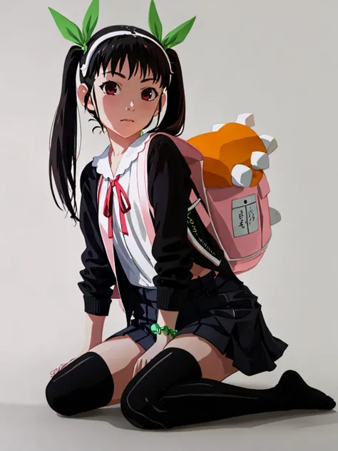 a 1girl, mayoi_hachikuji, twintails, red_eyes, white_hairband, green_ribbon, bracelet, hachipack, black thighhighs , without shoes, full body, sitting, kneeling, looks at the viewer, realistic eyes, (city:1.1),
ultra detailed anime art, 3d model, doll, per...