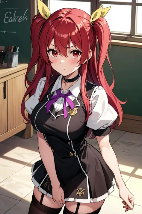 1girl, solo,
indoors, school,
<lora:stellavermillion-lyco-nochekaiser:1>, stella vermillion, (red eyes:1.2), tsurime, red hair, long hair, two side up, hair between eyes, sidelocks, hair intakes, hair ribbon, yellow ribbon, large breasts, 
choker, black ch...