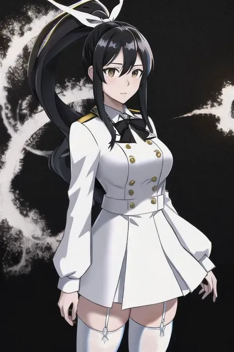 a woman in a uniform standing in front of a black background