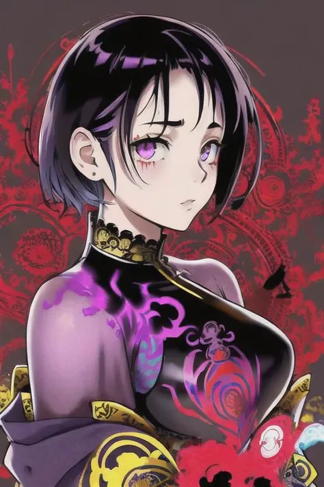 (Masterpiece:1.2), ((intricate details)), cover art, chaos, upper body, 1girl, japanese girl, short hair, black hair, bangs, hair on forehead, high quality, (red, blue, yellow, purple, green ink), ((front view)), face dripping, clothes dripping, ink drippi...