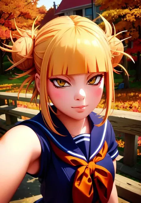 (selfie:1.3), photorealistic, <lora:himiko_toga:0.8>, himiko_toga, 1girl, solo, school uniform, sitting, duckface, playful colors, (autumn:1.3), dark lighting, (masterpiece, best quality, absurdres, detailed, ultra-detailed:1.3), (highly detailed, high qua...