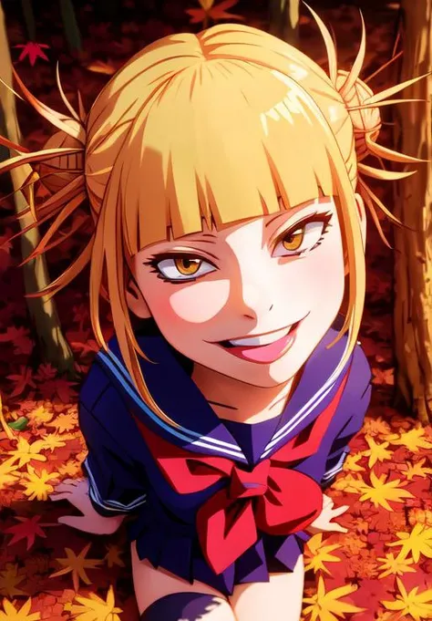 (selfie:1.3), photorealistic, <lora:himiko_toga:0.8>, himiko_toga, 1girl, solo, school uniform, sitting, smirk,tongue out, playful colors, (autumn:1.3), dark lighting, (masterpiece, best quality, absurdres, detailed, ultra-detailed:1.3), (highly detailed, ...