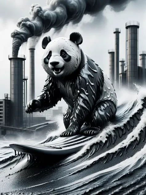 panda surfing on a wave in front of a factory with smoke billowing from it