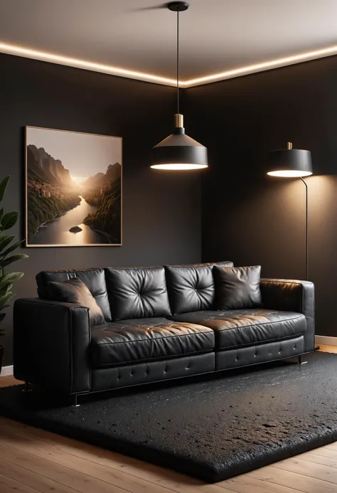 a black couch made of ais-tarmac in a cozy living room under a soft spotlight <lora:Fresh_Tarmac_SXDL:0.8>