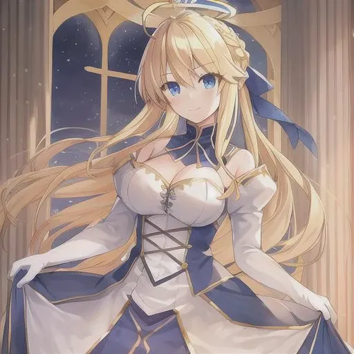 1girl, ahoge, artoria_pendragon_(fate), blonde_hair, blue_eyes, braid, full_body, gloves, long_hair, looking_at_viewer, smile, solo, upper_body,  golden_halo, 12_angel_wings