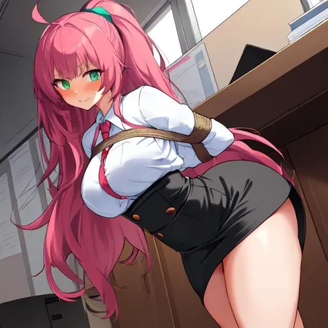 anime girl with pink hair and a white shirt and black skirt