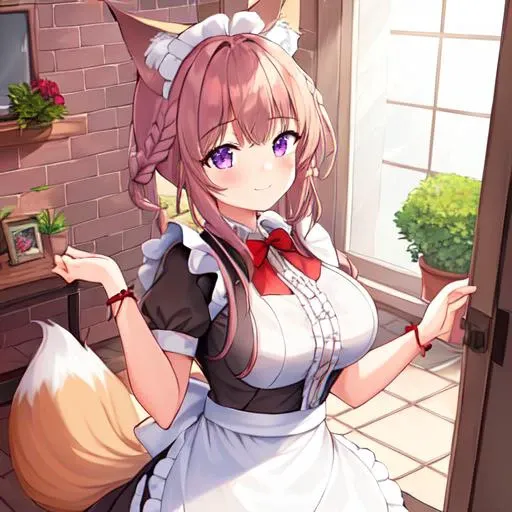 1girl, 2girls, apron, bangs, blush, (braid:1.2), breasts, brick_wall, brown_hair, closed_mouth, frills, long_hair, looking_at_viewer, maid, maid_apron, maid_headdress, large_breasts, ponytail, puffy_sleeves, purple_eyes, red_bow, shirt, short_sleeves, side...