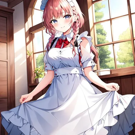 anime girl in a white dress standing in front of a window