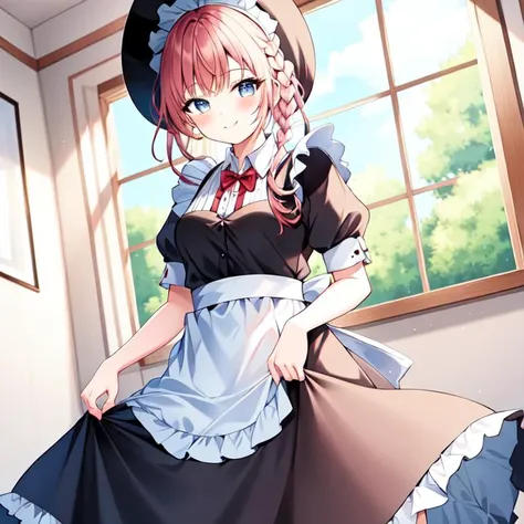 anime girl in maid outfit holding a gun in a room