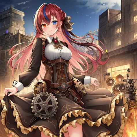 best quality, masterpiece, highres, detailed, perfect anatomy, SteamPunkCh, gears, gas, metallic, gear dress, <lyco:Change - SteampunkCh:0.7>, factory, hair tie, working, machinery, long skirt, gear skirt, 1girl, multicolored hair, heterochromia, cowboy sh...