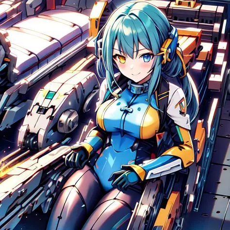 a close up of a woman in a futuristic suit sitting on a chair