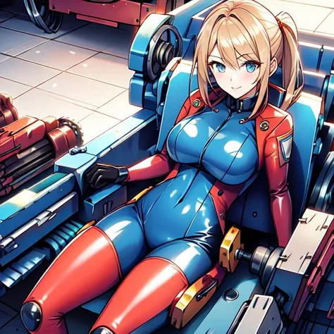 anime girl in blue and red outfit sitting on a bench