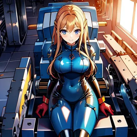 anime girl in blue and black outfit sitting on a machine