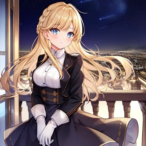 1girl, aurora, balcony, bangs, black_gloves, blonde_hair, blue_eyes, braid, building, city, city_lights, cityscape, clock_tower, cloud, constellation, earth_(planet), eyebrows_visible_through_hair, galaxy, gloves, holding, jacket, light_particles, long_sle...