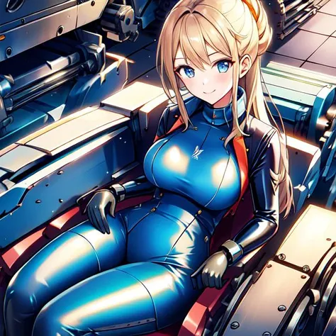 anime girl in blue leather outfit sitting on a red chair