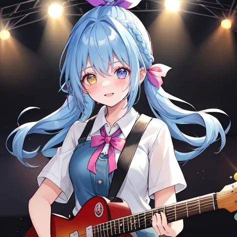 anime girl with blue hair and a pink bow playing a guitar