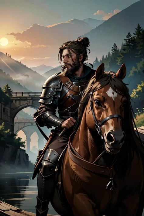 ((ultra detailed, masterpiece, absurdres))
 <lora:PArnaud:0.9>
PArnaud, 1boy, solo, brown hair, brown eyes, beard, hair bun, armor, portrait, Sizable medieval bridge at sunrise, fog rising from the river, dynamic lighting, lone figure on horseback crossing...