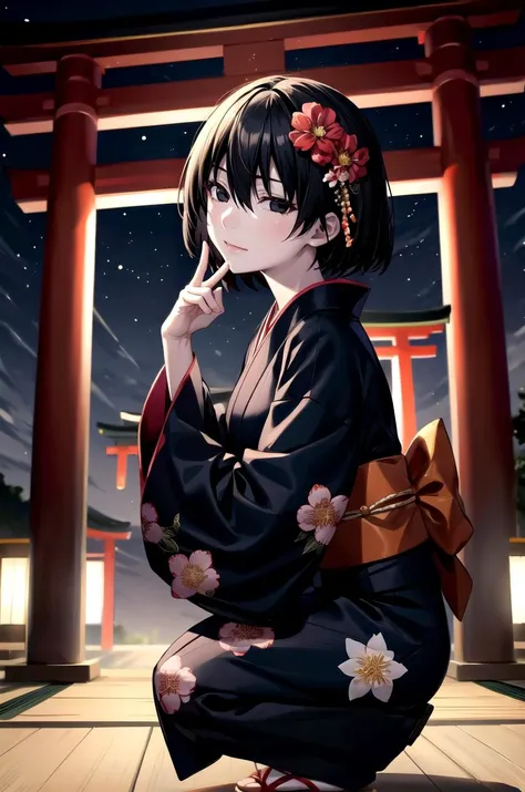 (masterpiece, best quality, detailed), 1girl, solo, looking at viewer, ougioshino, short hair, bangs, black hair, hair between eyes, black eyes, bob cut, pale skin, empty eyes,
yukata, kimono, obi, print kimono, japanese clothes, short kimono, hair flower,...