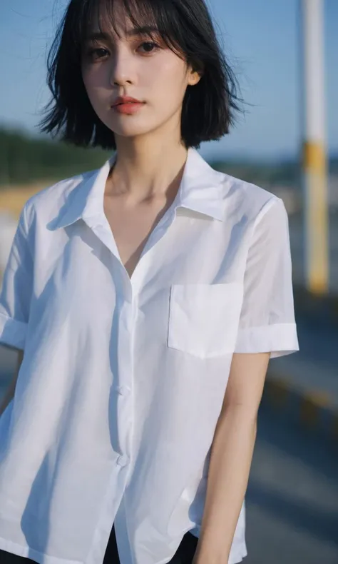 xxmixgirl, 1girl, solo, blurry background, black hair, outdoors, light on face, blurry, black eyes, upper body, lips, day, sky, realistic, blue sky, shirt, white shirt, short hair, jacket, closed mouth, looking to the side, Zhenxin