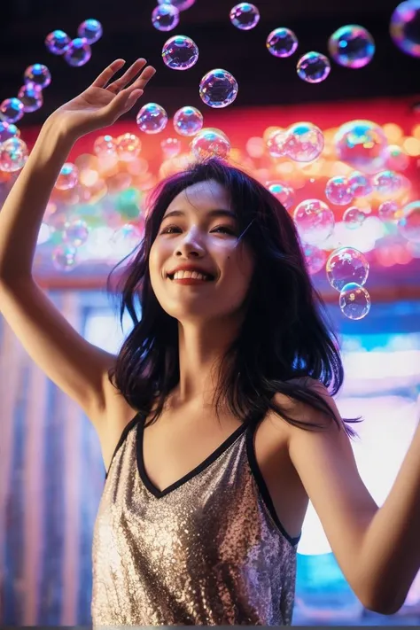 dynamic pose,an asian woman dancing in a crowdy dance hall,20 y.o.,look happy,arms up,disco with soap bubbles,black long hair,full body,neon lights,vibrant details,finely detailed,hyperrealistic,RAW photo,depth of field,bokeh,sharp focus,eye focus,F4,Hasse...