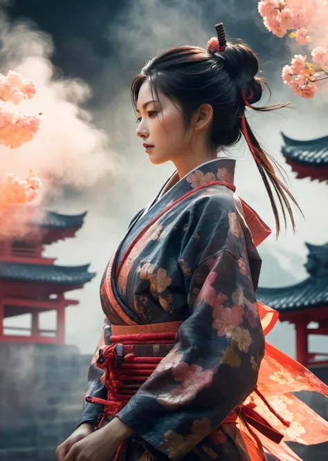 xxmix_girl
1girl , samurai, japan, castles 
closeup
(surrounded by fog and smoke:1.1),(dynamic smoke anywhere:1.4)
(best quality, masterpiece)
(detailed skin, Glowing ambiance, enchanting radiance, luminous lighting, ethereal atmosphere, mesmerizing glow, ...