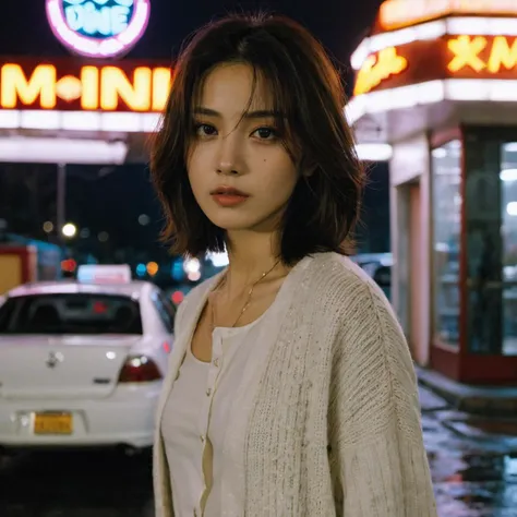 xxmixgirl, portrait of a woman in front of a diner at night raining, perfect eyes