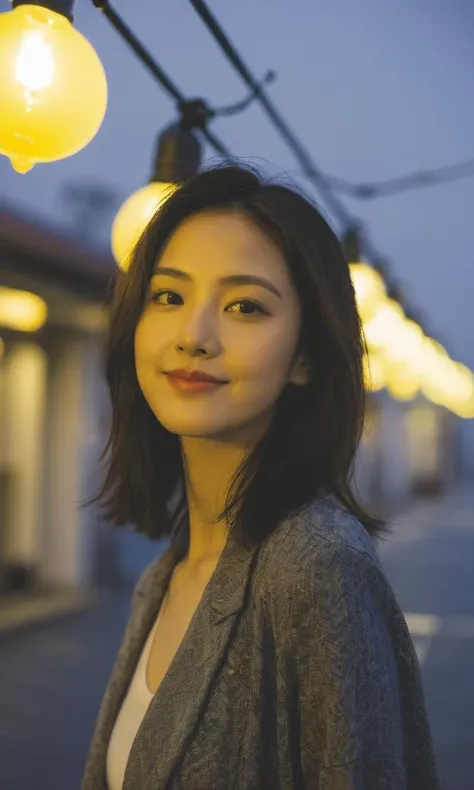 a woman standing in front of a street light with a yellow light