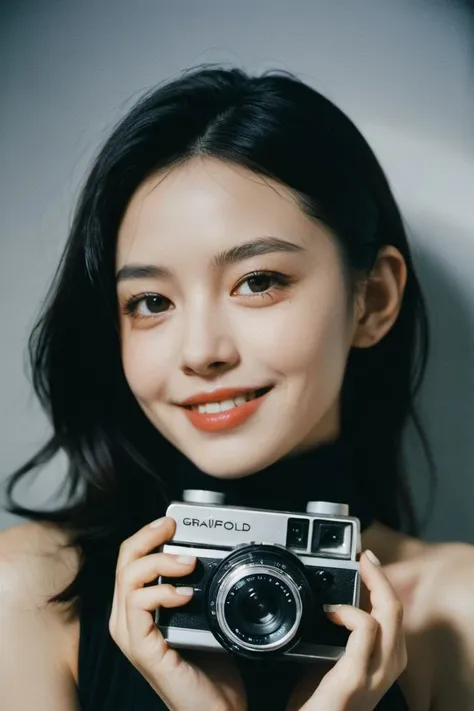 a woman holding a camera in her hands and smiling