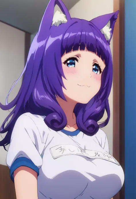 a close up of a person with purple hair and a cat ears