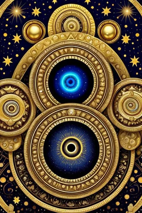 a gold and blue circular design with a spiral design