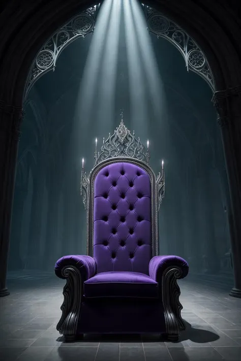 a purple chair in a dark room with a light coming from the ceiling