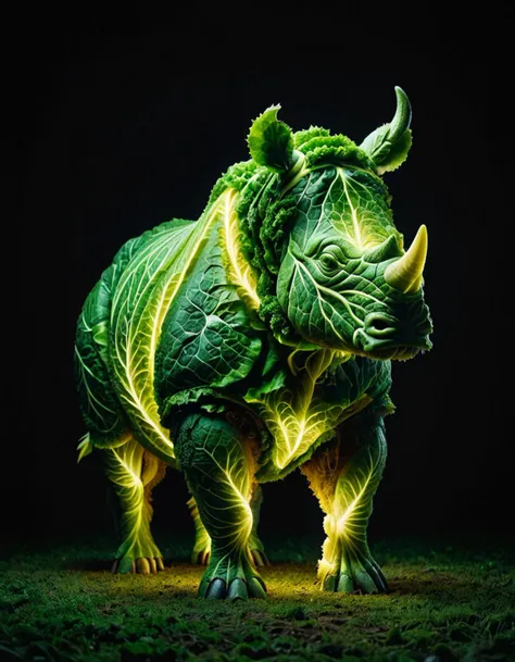 a close up of a rhino statue made of cabbage leaves