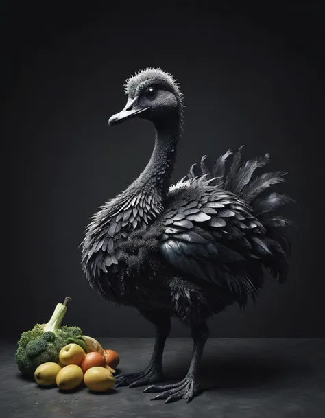 a close up of a bird standing next to a pile of fruit