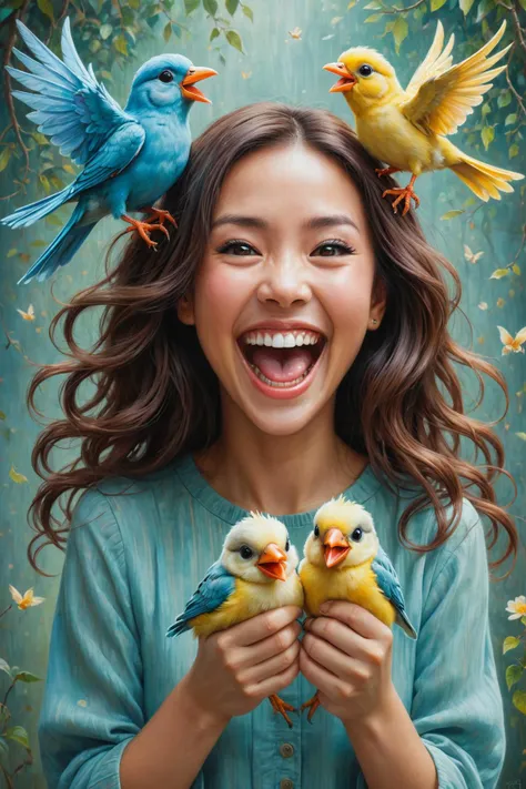 a woman holding three birds on her head and smiling