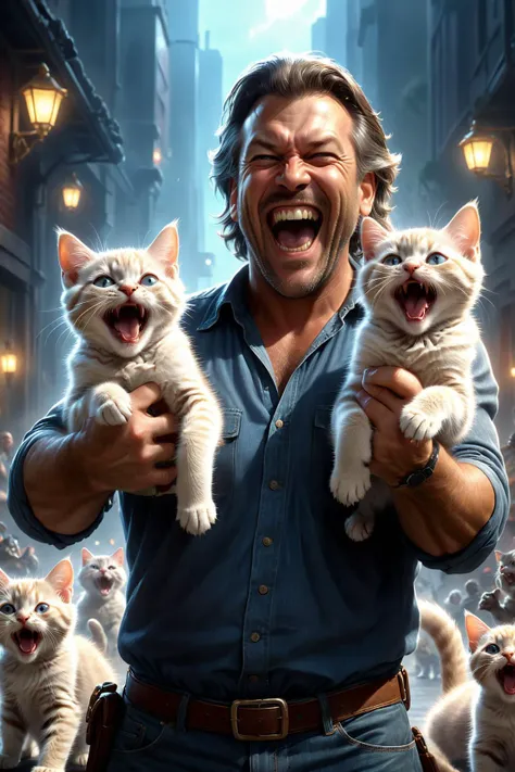 arafed image of a man holding three kittens in front of a crowd of cats