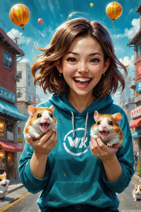 a woman holding two hamsters in front of a street