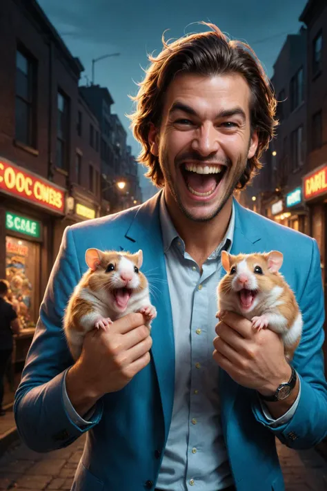 arafed man in a blue suit holding two hamsters in front of a building