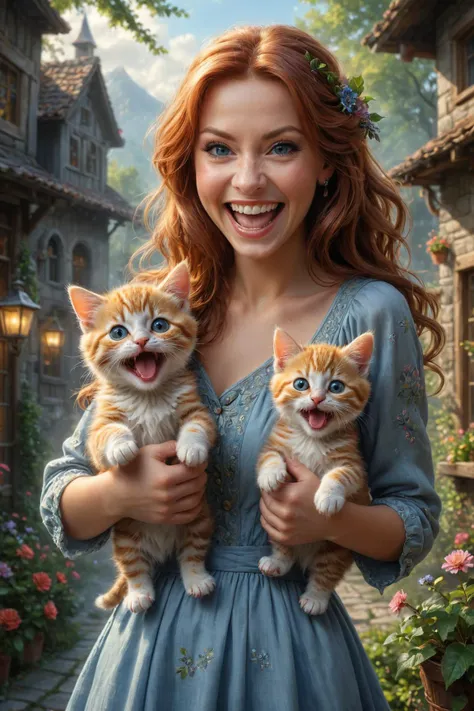 a woman holding two kittens in her arms in front of a house