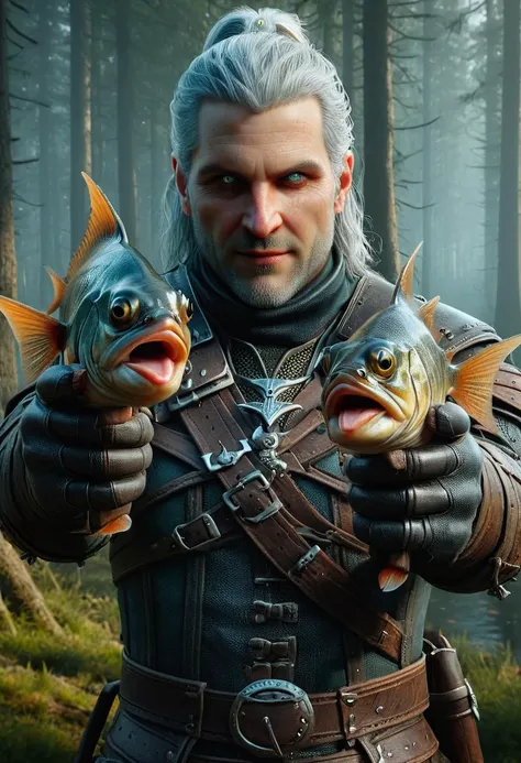 (playfully:1.5) witcher, holding fish, 8k, F2.8, RAW Photo, ultra detailed  <lora:XL_Weapon_Dual_Pistols_-_By_HailoKnight:0.8>