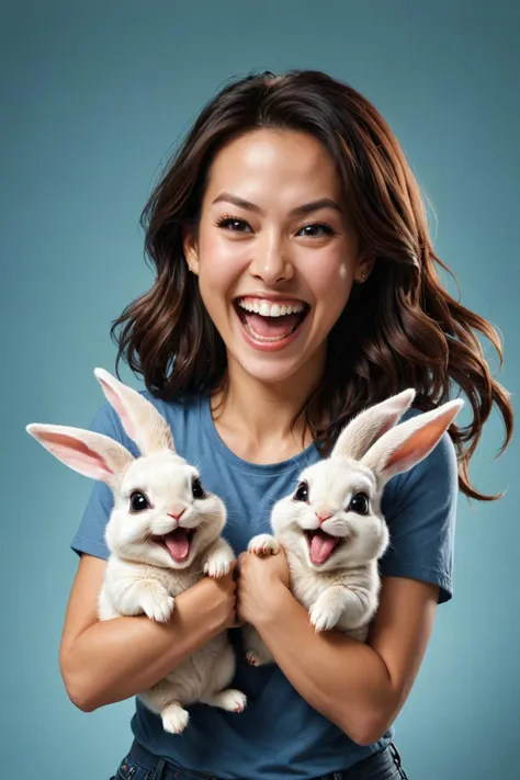 a woman holding two small white rabbits in her hands