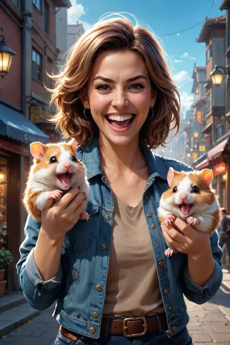 a woman holding two hamsters in her hands while standing on a street